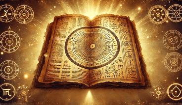 An open, illuminated book with a zodiac wheel